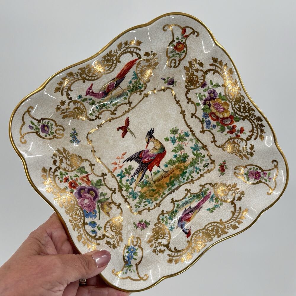 Vtg Porcelain Square Serving Plate Exotic Birds Floral Chintz Trinket Dish 10”